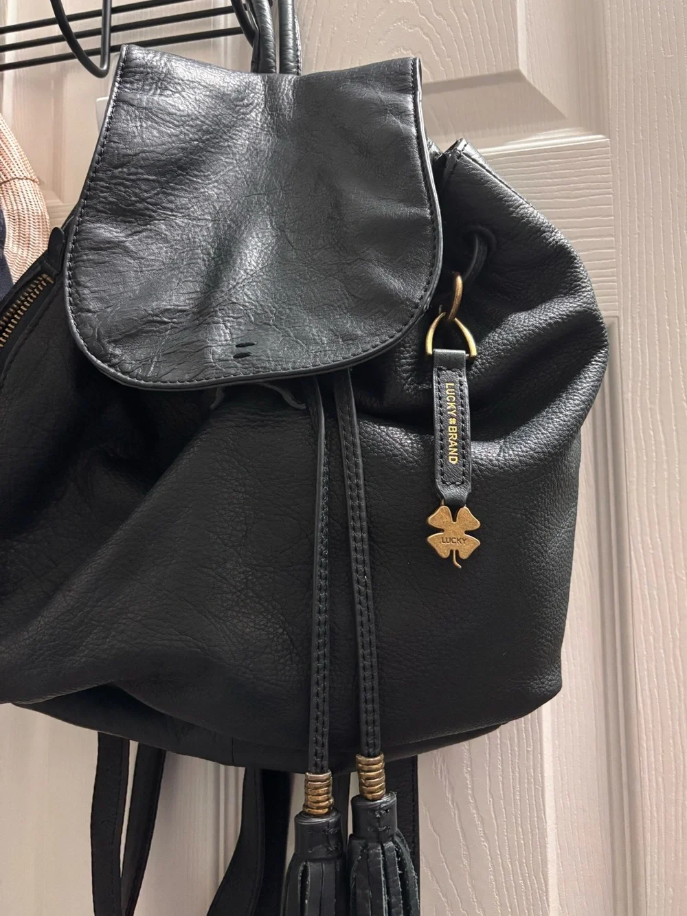 Vintage Super Soft Black Leather Lucky Brand Women’s Backpack with Tassel Accent